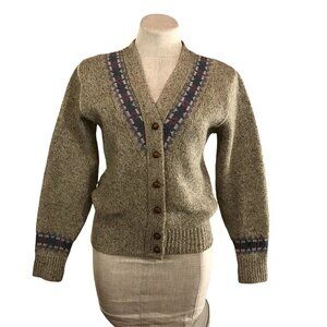 Vintage 80s Women's Wool Cardigan Preppy Light Academia Small Taupe Gray Lilac